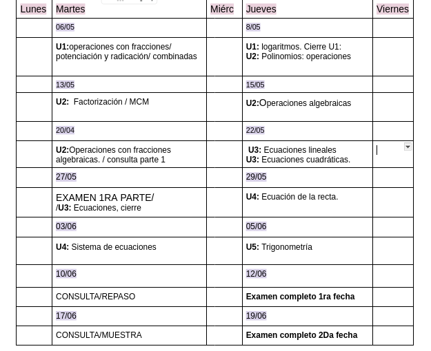 Cronograma de clases del ingreso extendido